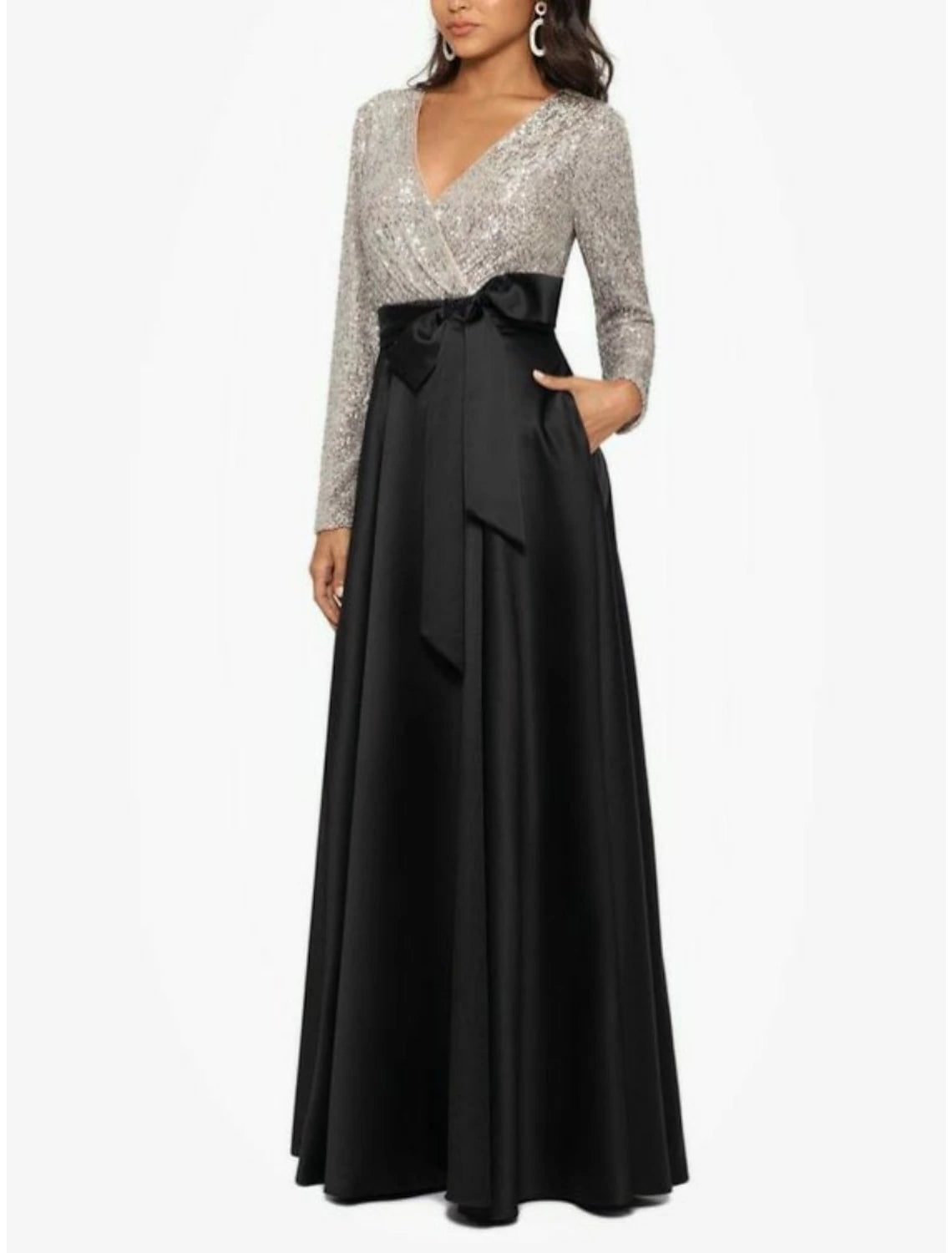 Sheath / Column Mother of the Bride Dress Wedding Guest Party Sparkle & Shine V Neck Floor Length Satin Sequined Long Sleeve with Bow(s) Pleats Sheath / Column Mother of the Bride Dress Wedding Guest Party Sparkle & Shine V Neck Floor Length Satin Sequined Long Sleeve with Bow(s) Pleats