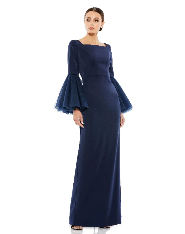 Luxury Satin Gown Mac Duggal 11233 Long Formal Bell Sleeve Dress