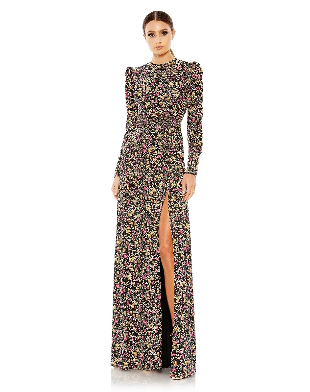 Stylish Taffeta Dress Mac Duggal 26916 Long Sleeve Floral Print Formal Dress