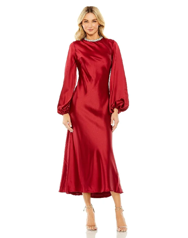 Striking Red Gown Mac Duggal 27350 Long Sleeve Satin Tea Length Dress