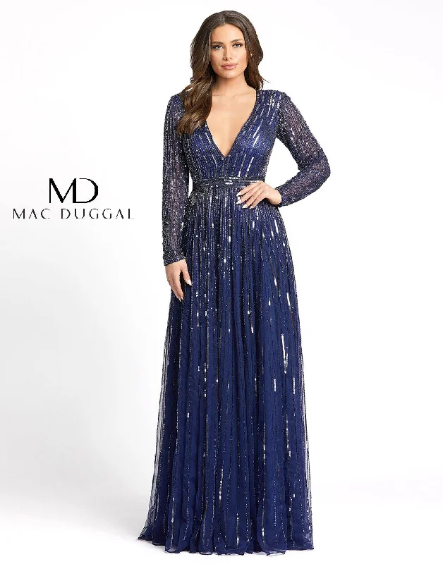 Satin Mermaid Dress Mac Duggal 4977 Long Sleeve Sequins A Line Evening Dress