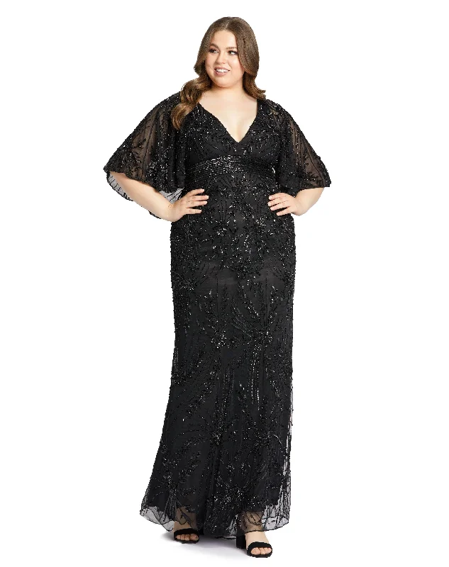 Romantic Floral Dress Mac Duggal 5335 Fabulouss Plus Size Long Cape Sleeve Dress