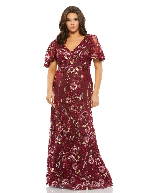 Burgundy Maxi Dress Mac Duggal 67924 Fabulouss Long Plus Size Floral Formal Dress