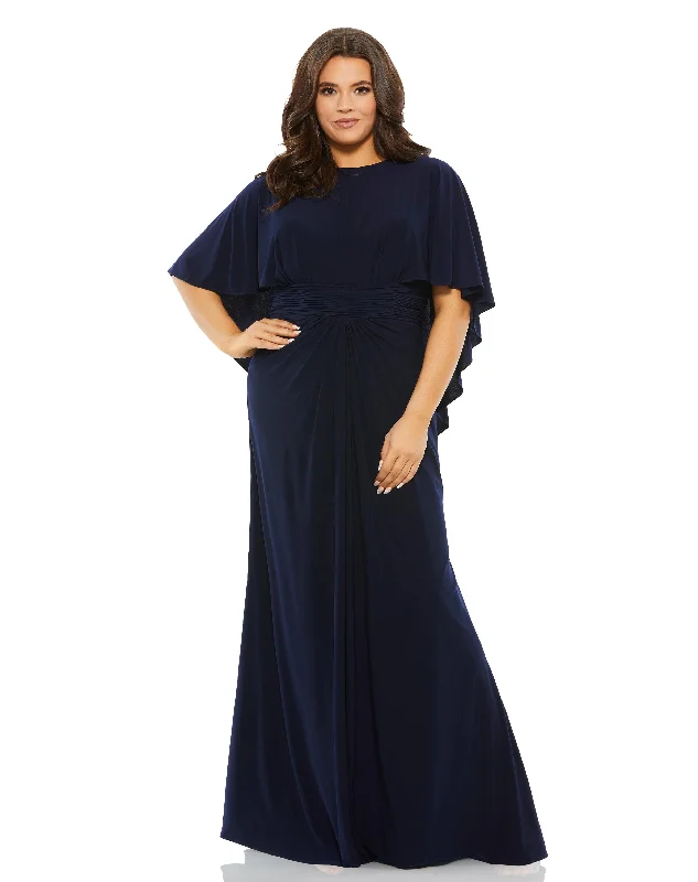 Stunning Silk Gown Mac Duggal 67929 Fabulouss Plus Size Long Cape Sleeve Dress