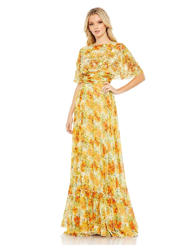 Wedding Reception Gown Mac Duggal 9201 Long Formal Floral Print Cape Sleeve Dress