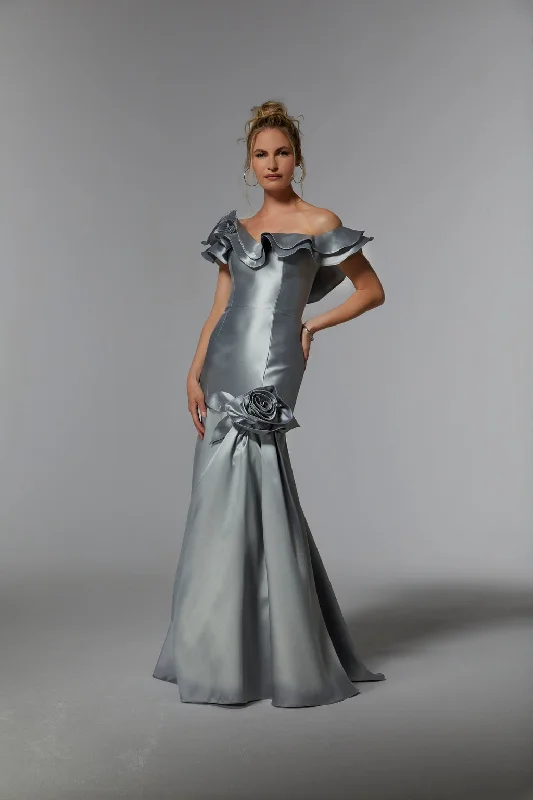 One-Shoulder Satin Dress MGNY Madeline Gardner New York 72928 Long Formal Mermaid Evening Gown