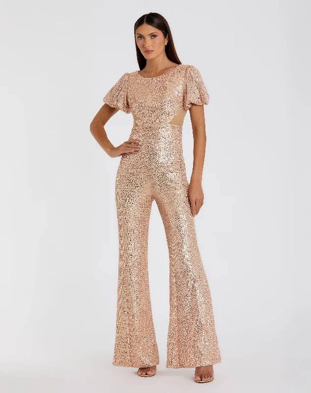 Blush Pink Sequined Puff Shoulder Illusion Cut Out Jumpsuit