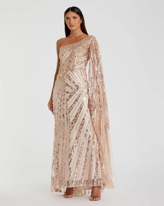 Rose Gold One Shoulder Cape Sleeve Embellished Gown