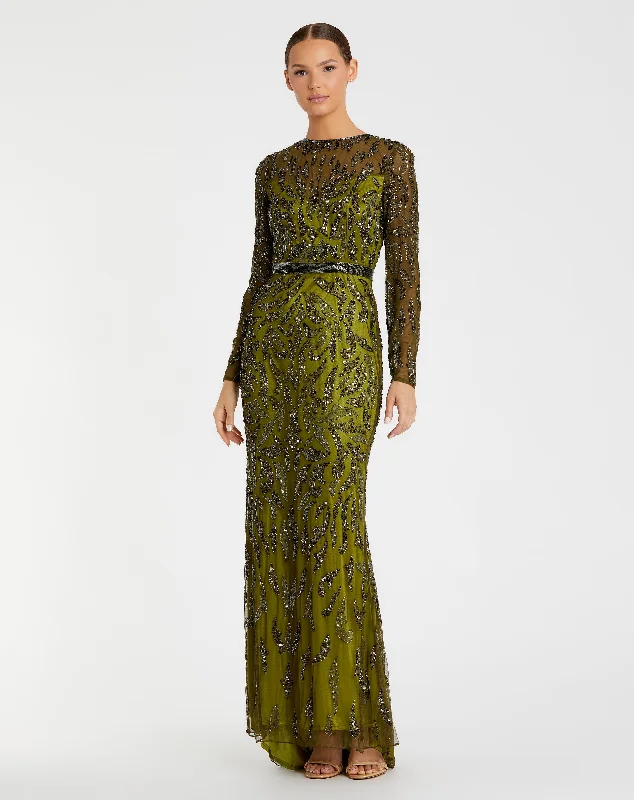 Olive Green Beaded Long Sleeve Evening Gown