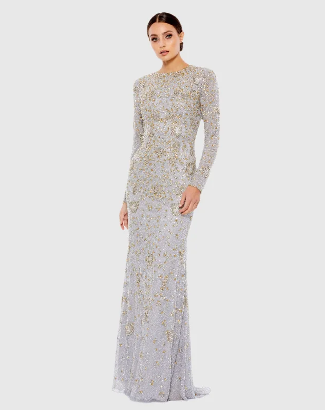 Silver Two Tone Beaded High Neck Long Sleeve Gown