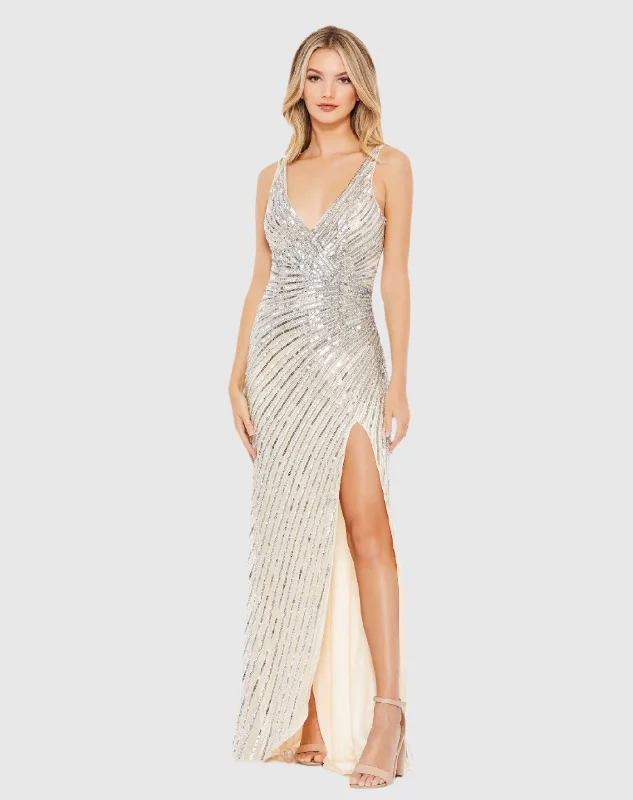 Silver Sequin A Line Gown