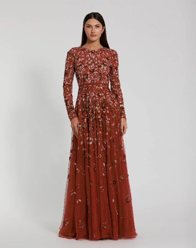 Burnt Orange Embellished High Neck Long Sleeve A Line Gown