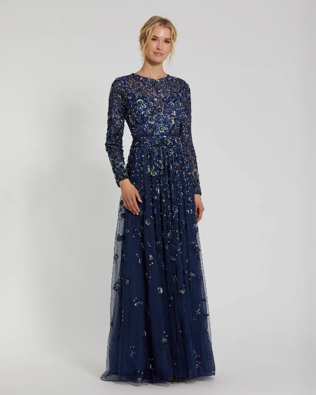 Navy Embellished High Neck Long Sleeve A Line Gown