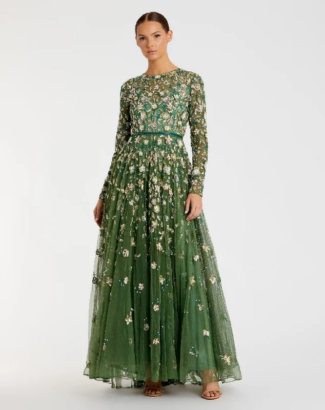 Green Embellished High Neck Long Sleeve A Line Gown