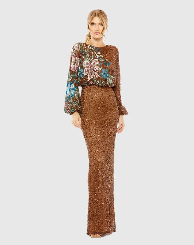 Brown Embellished Floral High Neck Gown