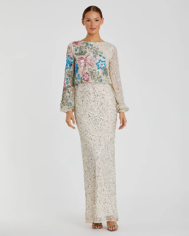 Beige Embellished Floral High Neck Gown