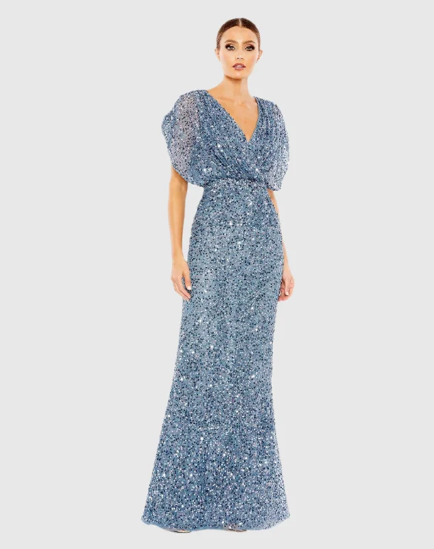 Blue Draped Sleeve V Neck Gown