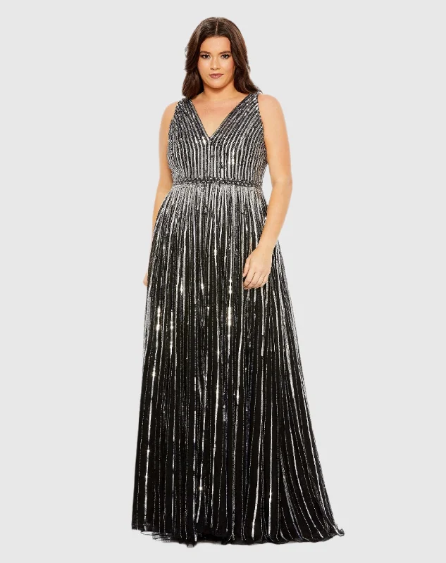 Sequined Striped Sleeveless V Neck A Line Gown (Plus)