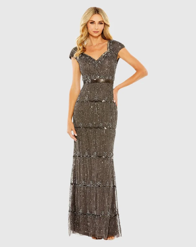 Brown Cap Sleeve Sweetheart Neckline Beaded Sequin Column Gown