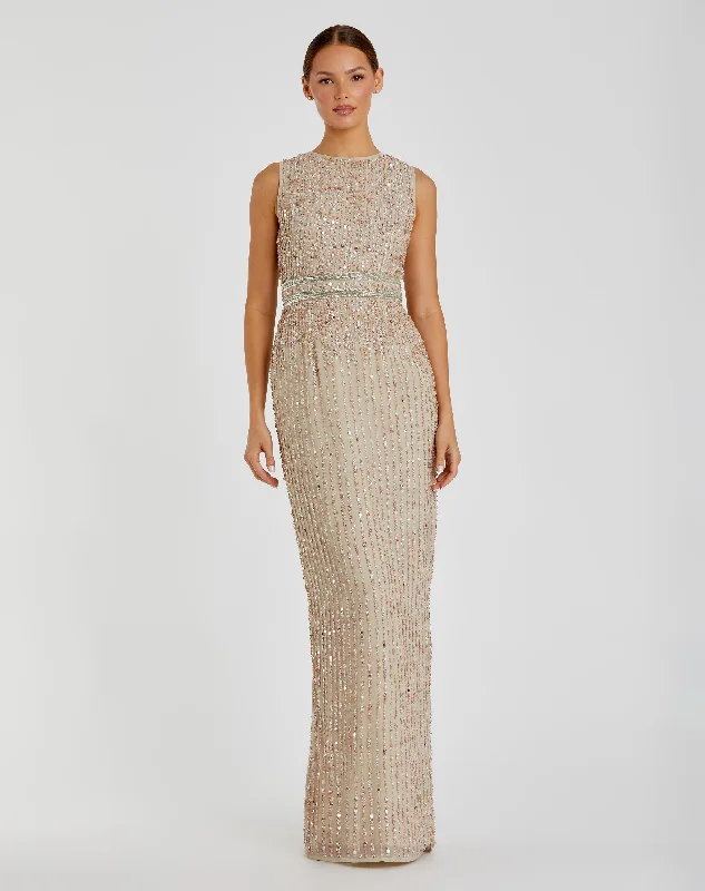 Beige Sequined High Neck Sleeveless Column Gown