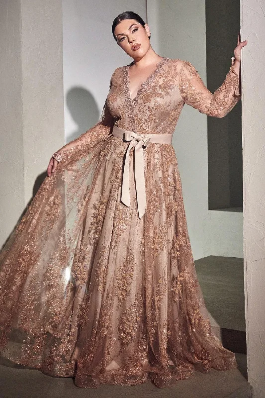 Cinderella Divine CD233C Long Sleeve Plus Size Evening Dress Rose Gold