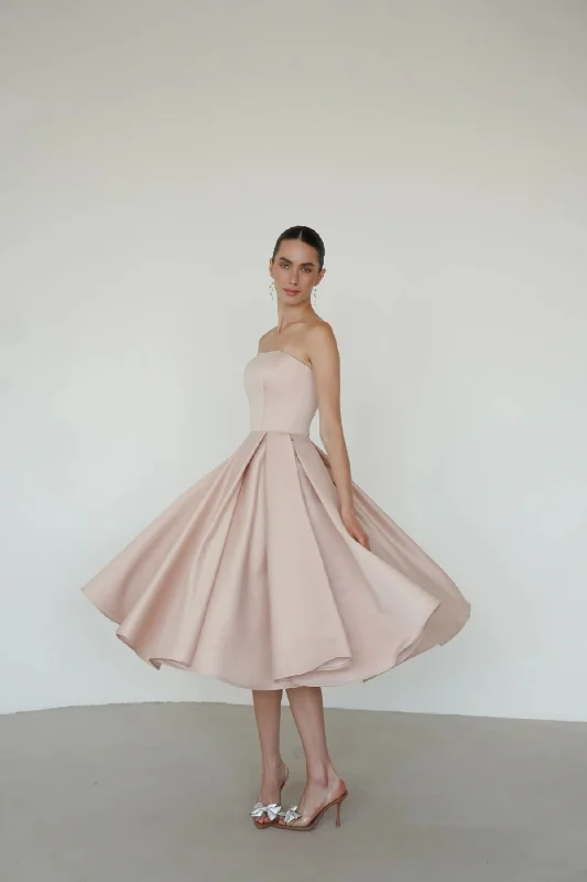 A-line Strapless Midi Prom Dress with Box Pleats