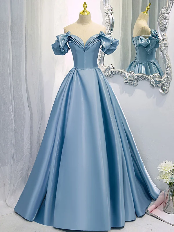 Lace Overlay Dress A-Line V Neck Satin Blue Long Prom Dress, Blue Formal Evening Dresses