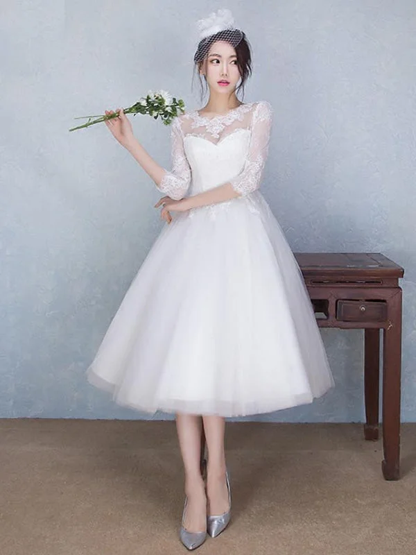 A-Line Wedding Dresses Jewel Neck Tea Length Tulle Sheer Lace 3\4 Length Sleeve Casual See-Through Backless