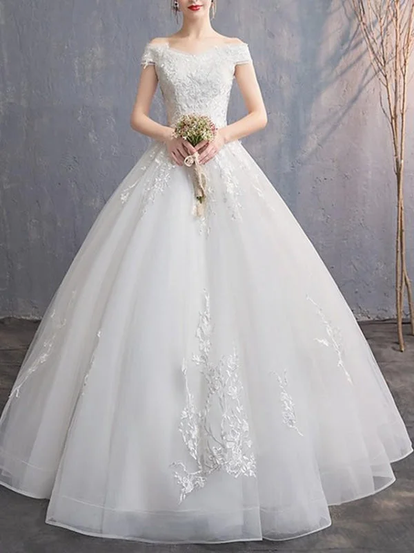 A-Line Wedding Dresses Off Shoulder Floor Length Tulle Cap Sleeve