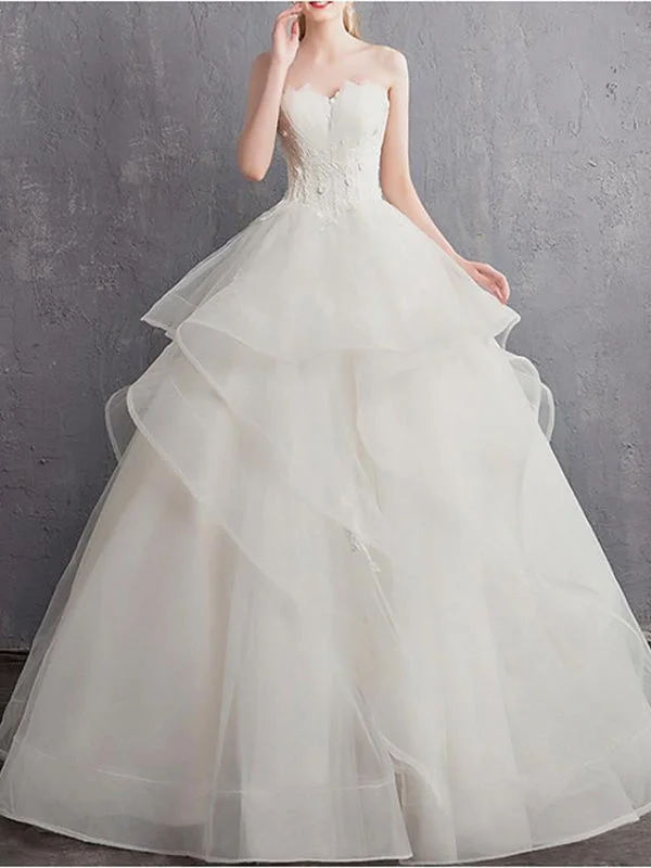 A-Line Wedding Dresses Strapless Floor Length Tulle Regular Straps