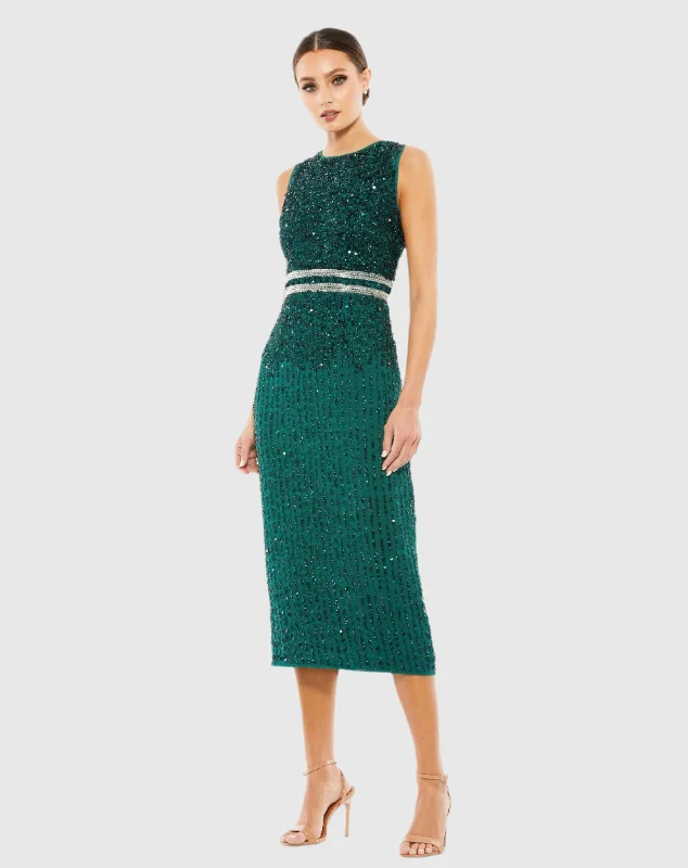 Emerald Sleeveless High Neck Beaded Midi Sheath Dress