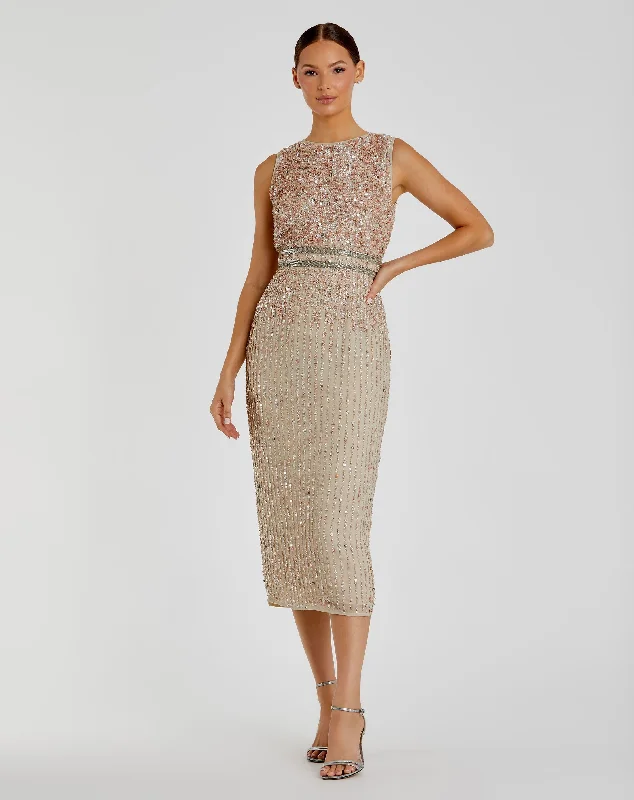 Nude Sleeveless High Neck Beaded Midi Sheath Dress