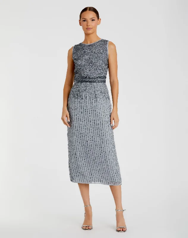 Gray Sleeveless High Neck Beaded Midi Sheath Dress