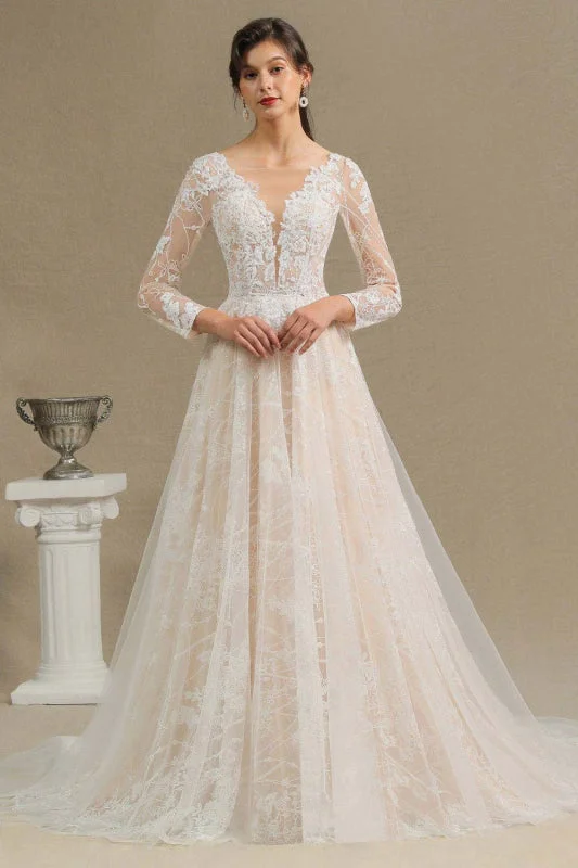 Gergrous Long Sleeve Lace Rulle Tulle A-line Wedding Dress