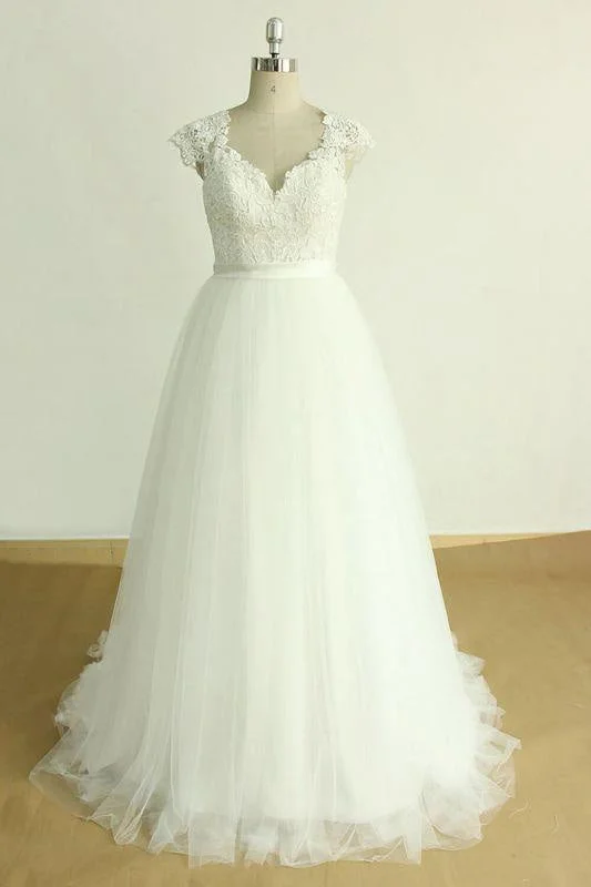 Bridelily Appliques Cap Sleeve Tulle A-line Wedding Dress