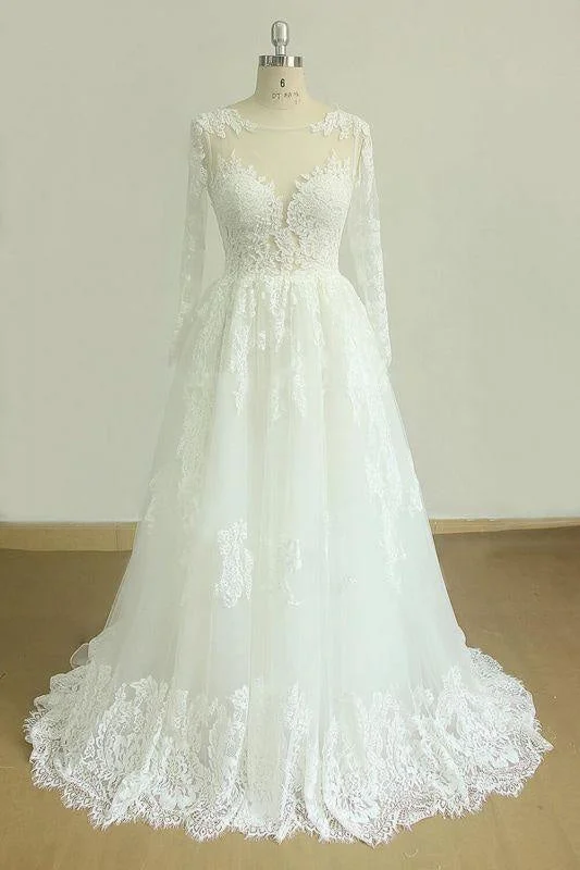 Bridelily Back Cut-out Long Sleeve Tulle A-line Wedding Dress