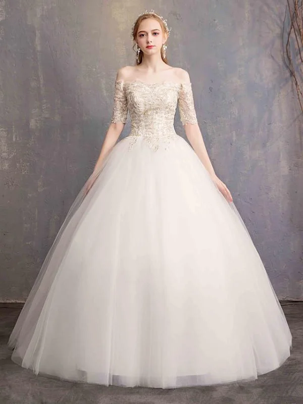 Ball Gown Wedding Dresses Off Shoulder Floor Length Tulle Lace Over Satin Half Sleeve Glamorous Illusion Detail