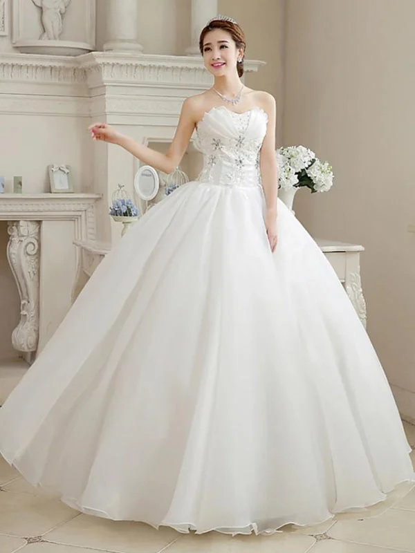 Ball Gown Wedding Dresses Sweetheart Neckline Floor Length Organza Strapless Glamorous Sparkle & Shine