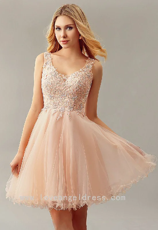 Beaded Appliqued Tulle Blush Homecoming Gown Short Party Dress