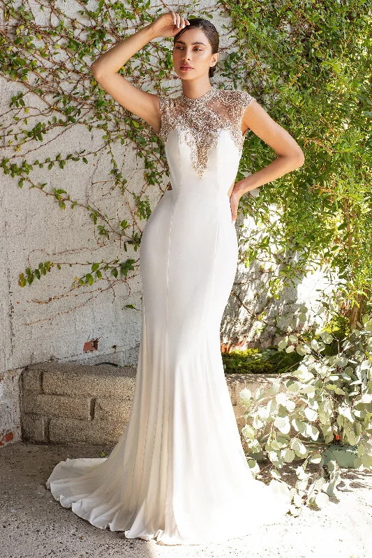 Lace Sleeves Dress Cinderella Divine CD71457 Beaded Stretch Knit Sheath Long Wedding Dress