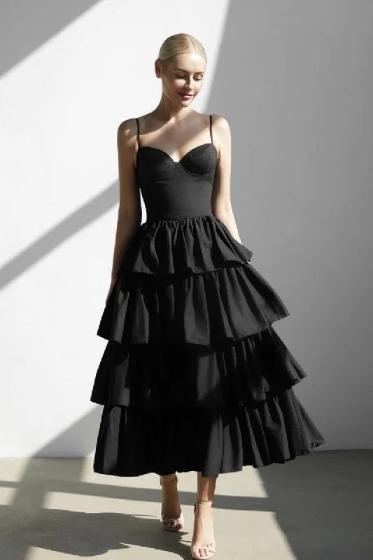 Black Tea-Length Prom Gown with Layered Skirt