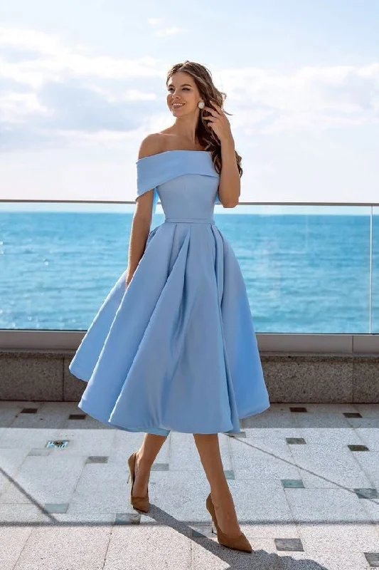 Blue Satin Tea-Length Prom Gown with Off-the-shoulder