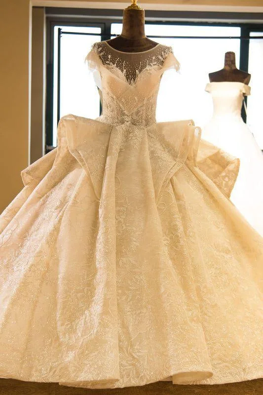 Bridelily Cap Sleeve Appliques Tulle A-line Wedding Dress