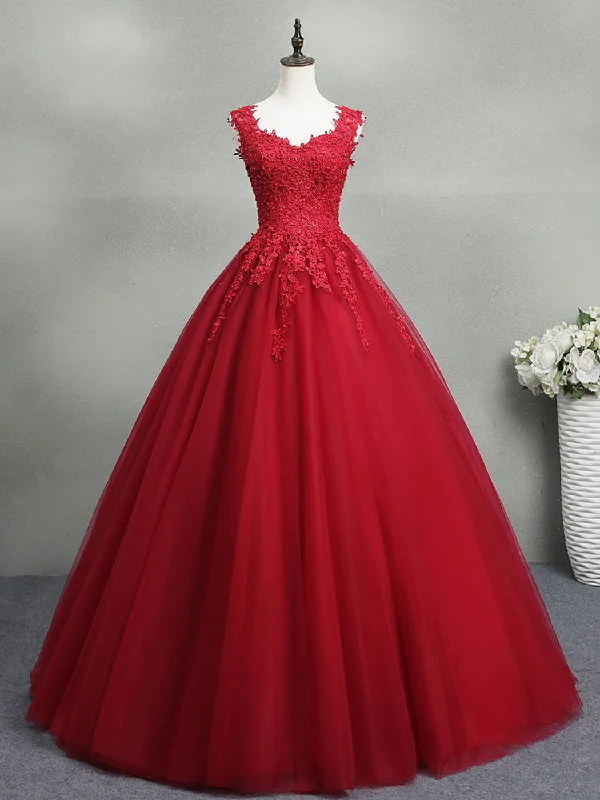 Fancy Embellished Dress Burgundy A-Line Tulle Lace Long Prom Dress, Burgundy Formal Evening Dress