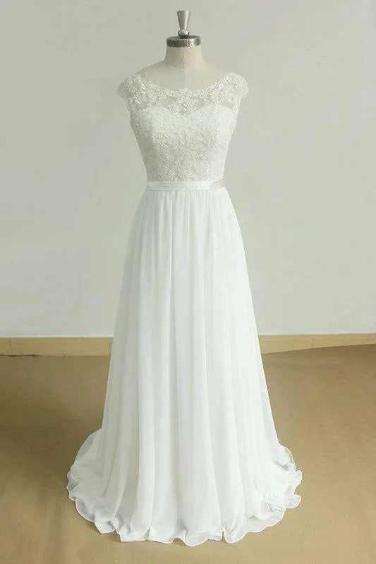 Bridelily Chic Cap Sleeve Lace Chiffon A-line Wedding Dress