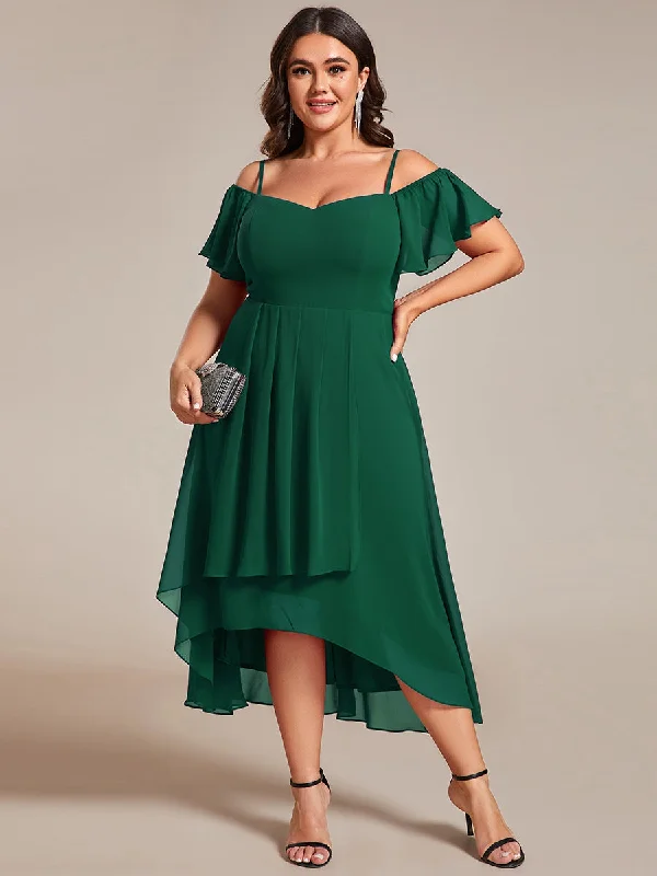 Plus Size Chiffon Spaghetti Strap Cold Shoulder Tea Length Wedding Guest Dress