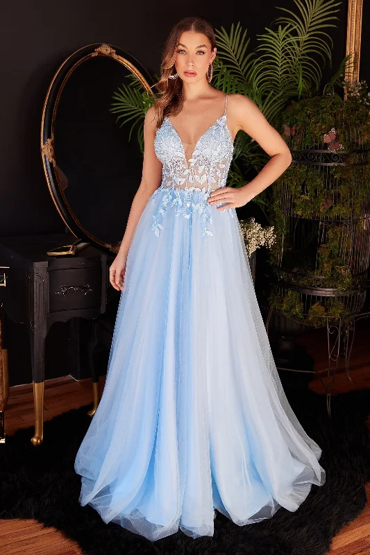 Floral Beaded Gown Cinderella Divine CD2214 Spaghetti Strap Prom Dress