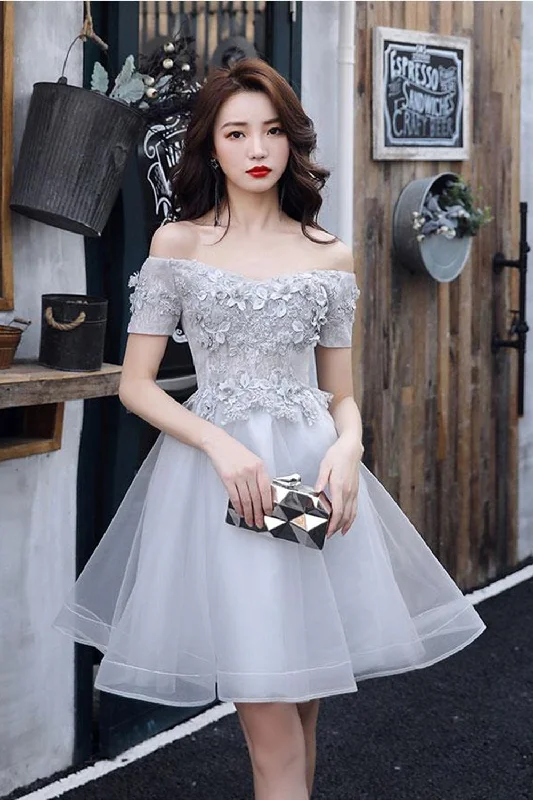 Cute Off Shoulder Gray Lace Short Prom Dresses, Short Gray Homecoming Dresses, Gray Lace Formal Evening Dresses