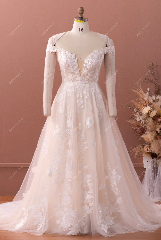 Designer Lace A-line Wedding Dress in Light Champagne