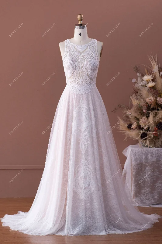 Designer Patterned Lace Sleeveless Wedding Dress